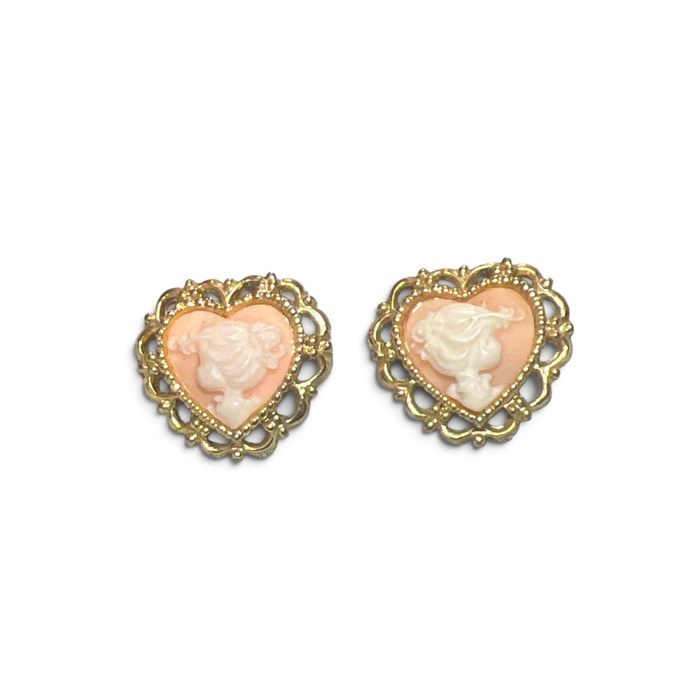 Precious Moments 1997 Heart Cameo Earrings Gold Tone Filigree Pierced Studs